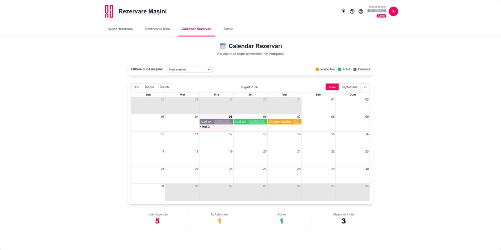 Calendarul de rezervări pe luna în curs, cu rezervările colorate după stare, legenda de culori, filtrul pe mașină și contoarele pentru total rezervări, în așteptare, active și mașini în flotă