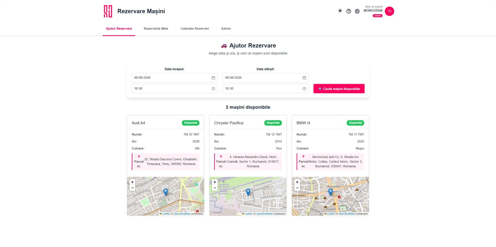 Pagina Ajutor Rezervare din Flota360: alegerea intervalului și mașinile disponibile în acel interval, fiecare cu număr de înmatriculare, an, culoare și locul de parcare pe hartă